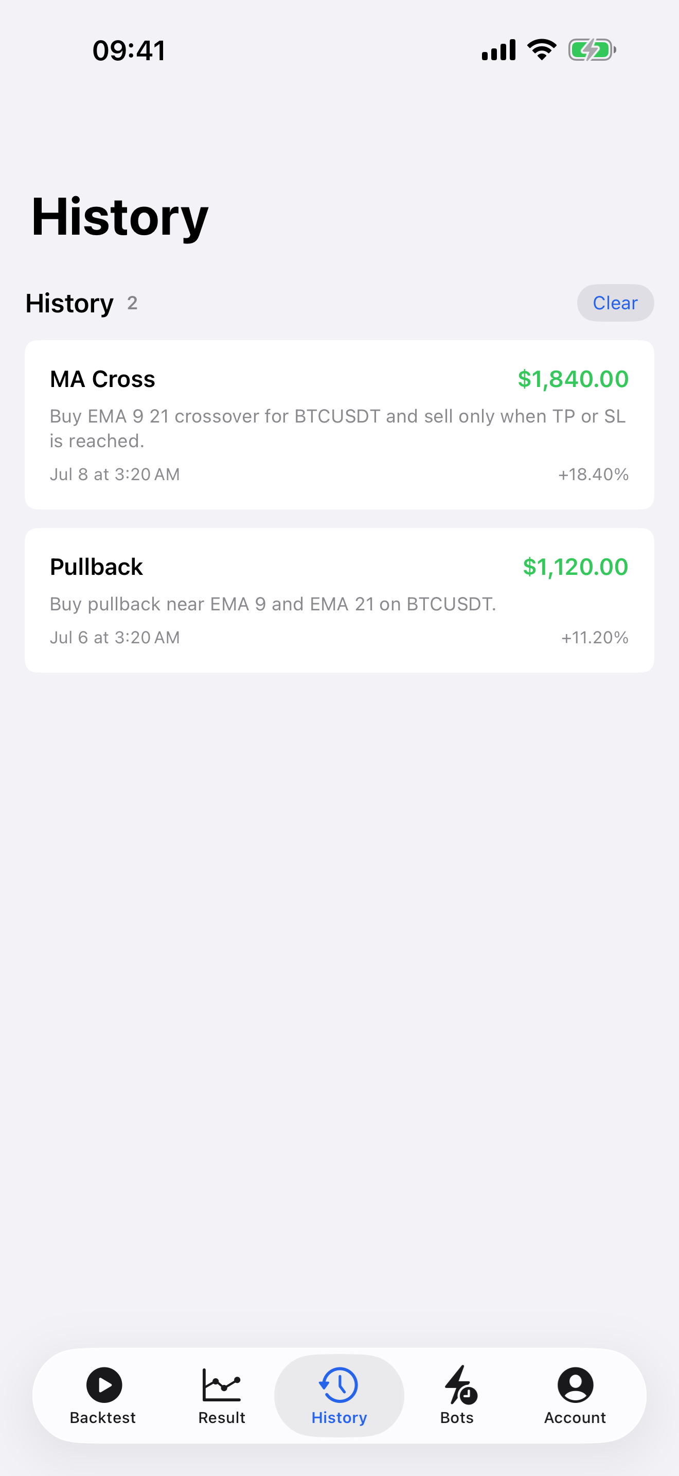 Backtest history screen showing saved strategy runs and previous test results