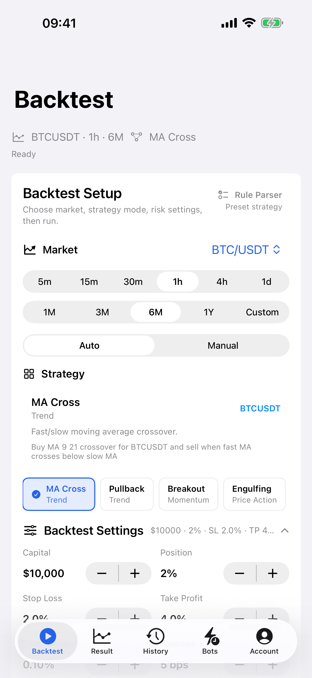 Backtest app setup screen for choosing market, timeframe, strategy rules, stop loss, take profit, fees, and slippage
